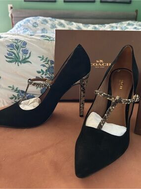 Coach Black Suede T-Strap Pumps with Snakeskin-Print Heel
